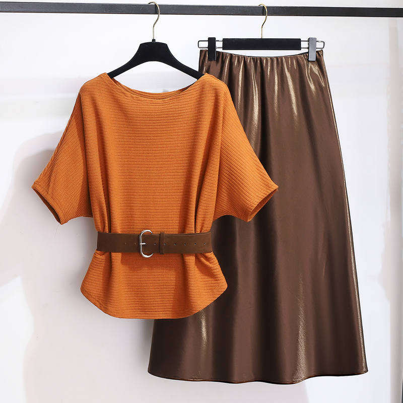 Orange Waist-Cinching Three-Quarter Sleeve Top A-Line Satin Skirt Women's Suit Summer 2026 Early Autumn New Dress