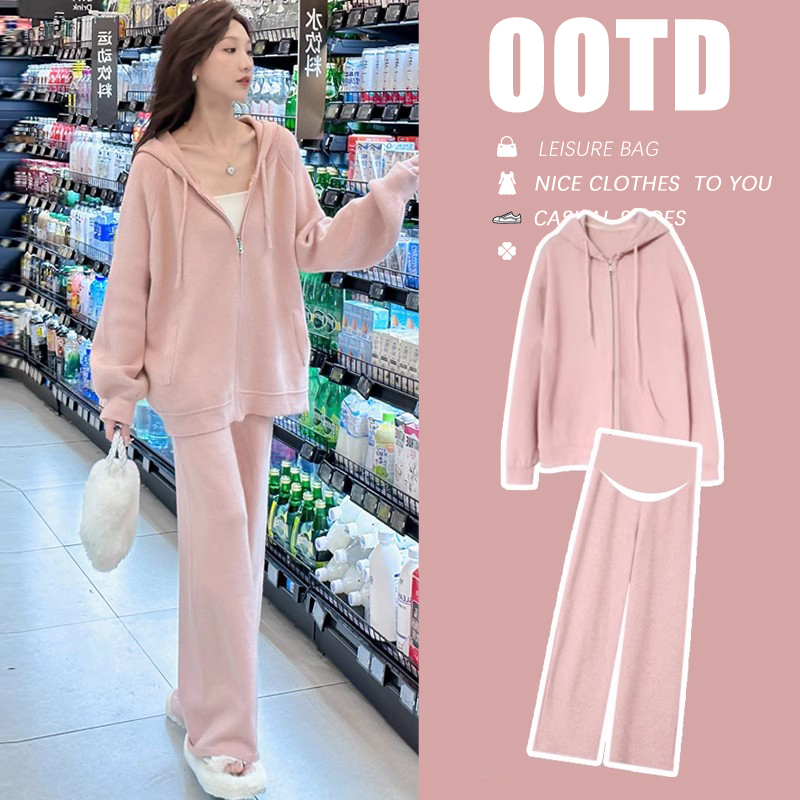 Maternity Suit, Fashionable and Stylish, Pink Hooded Top, Sweatshirt, Casual Two-Piece Set, 2025 New Spring, Autumn and Winter