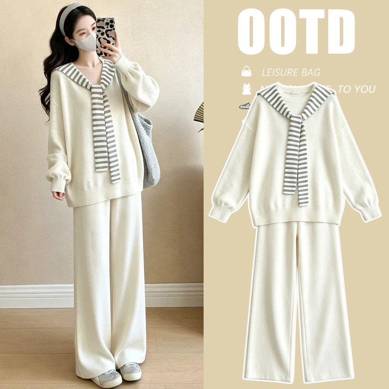 Maternity Autumn Clothing 2026 New Set Casual Lazy Style Striped Shawl Knitted Top Loose Pants Two-Piece Set