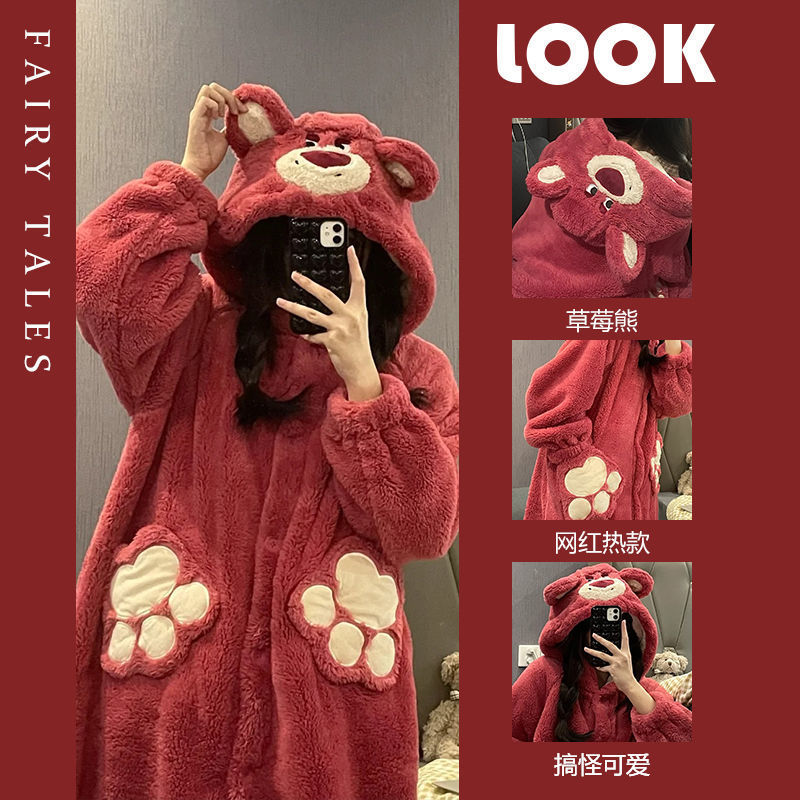 Strawberry Bear Coral Velvet Nightgown for Women, Spring and Autum, Cute Long Style, Thickeneded and Velvet, Warm Home Wear Set That Can Be Worn Outside