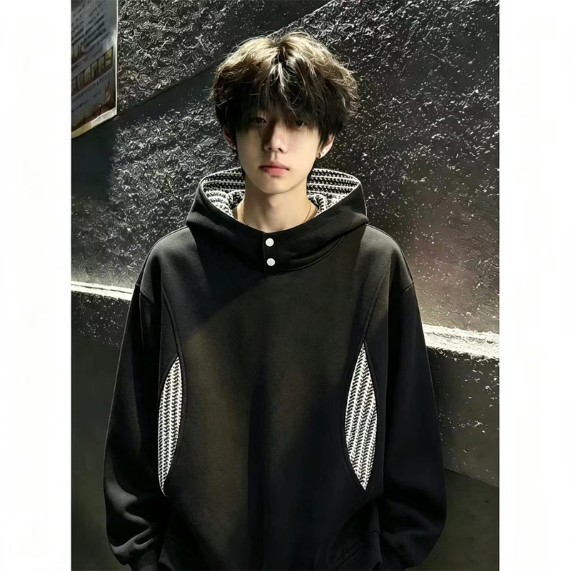 Fishbone Pattern Patchwork Hooded Sweatshirt for Men, Autumn American Retro Heavy-Duty Short Jacket, Cleanfit Loose Hoodie