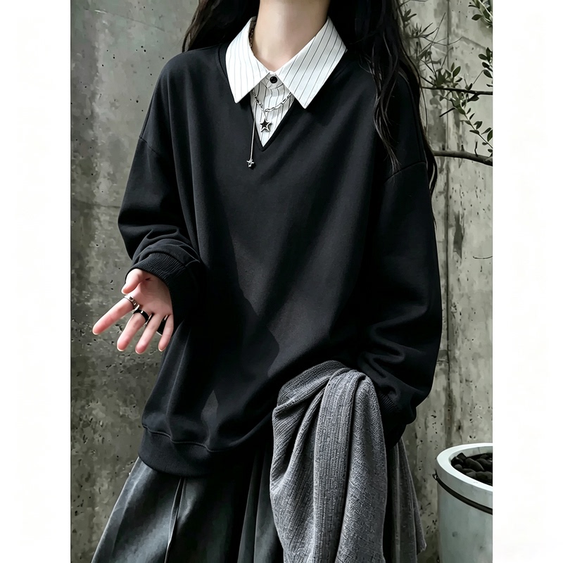 Black Fake Two-Piece Shirt Collar Sweatshirt for Men, Autumn American College Style Polo Shirt, Casual Sports Top
