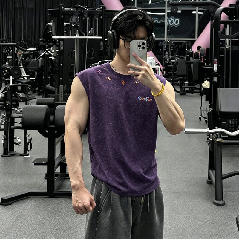 Eggplant Purple Tie-Dye Embroidered Vest for Men, Summer American-Style Heavyweight Sleeveless T-Shirt, Fitness Sports Tank Top