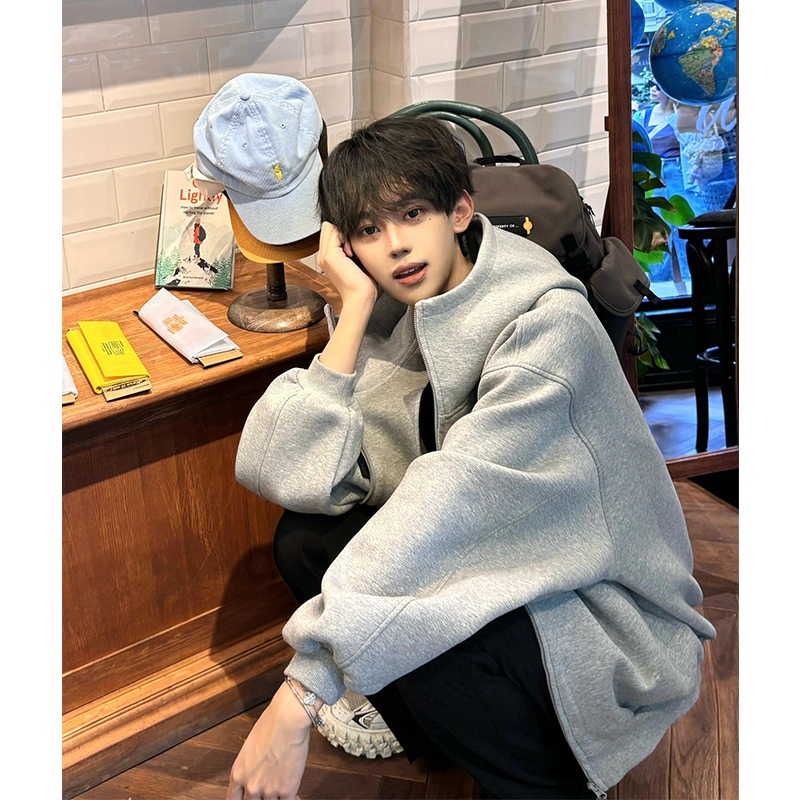 Gray Cardigan Hooded Sweatshirt for Men, Autumn and Winter American Retro Heavyweight Zipper Jacket, High-End Men's Coat