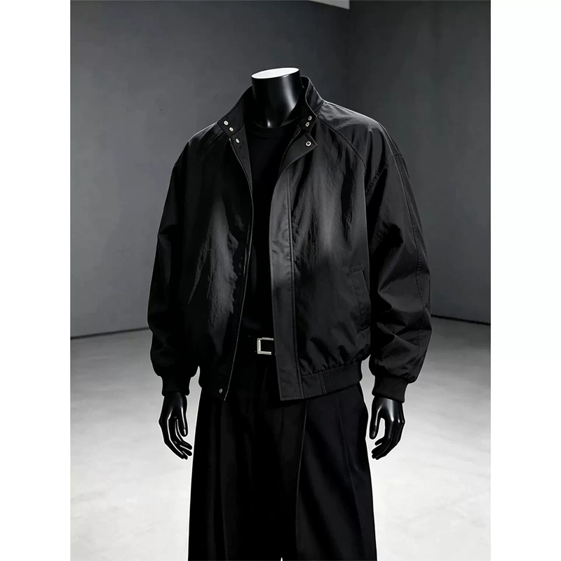 Black American-Style Flight Jacket for Men, Autumn Silhouette, Short Wide Stand Collar Baseball Jacket, Cleanfit Short Workwear Jacket Black American-Style Flight Jacket for Men, Autumn Silhouette, Short Wide Stand Collar Baseball Jacket, Cleanfit Short Workwear Jacket