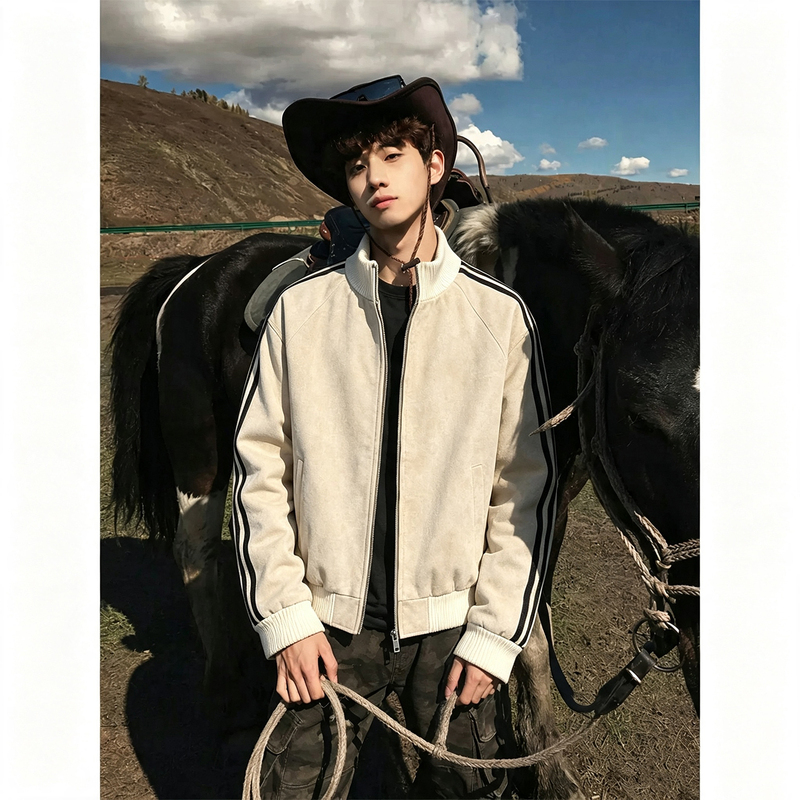 American-Style Lychee-Patterned Leather Jacket for Men, Autumn Short Striped Stand-Collar Flight Jacket, Waterproof Outdoor Windbreaker