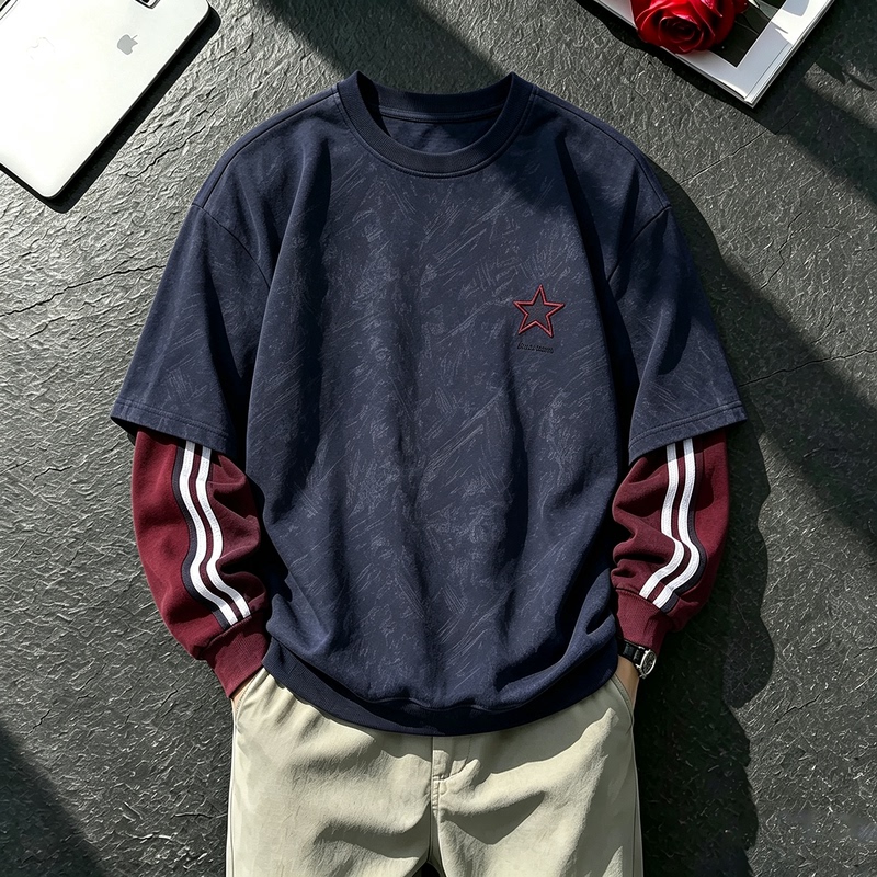 American-Style Tie-Dye Double Yarn Striped Patchwork Long-Sleeve T-Shirt for Men, Autumn Casual Relaxed Sweatshirt, Loose Round-Neck Top