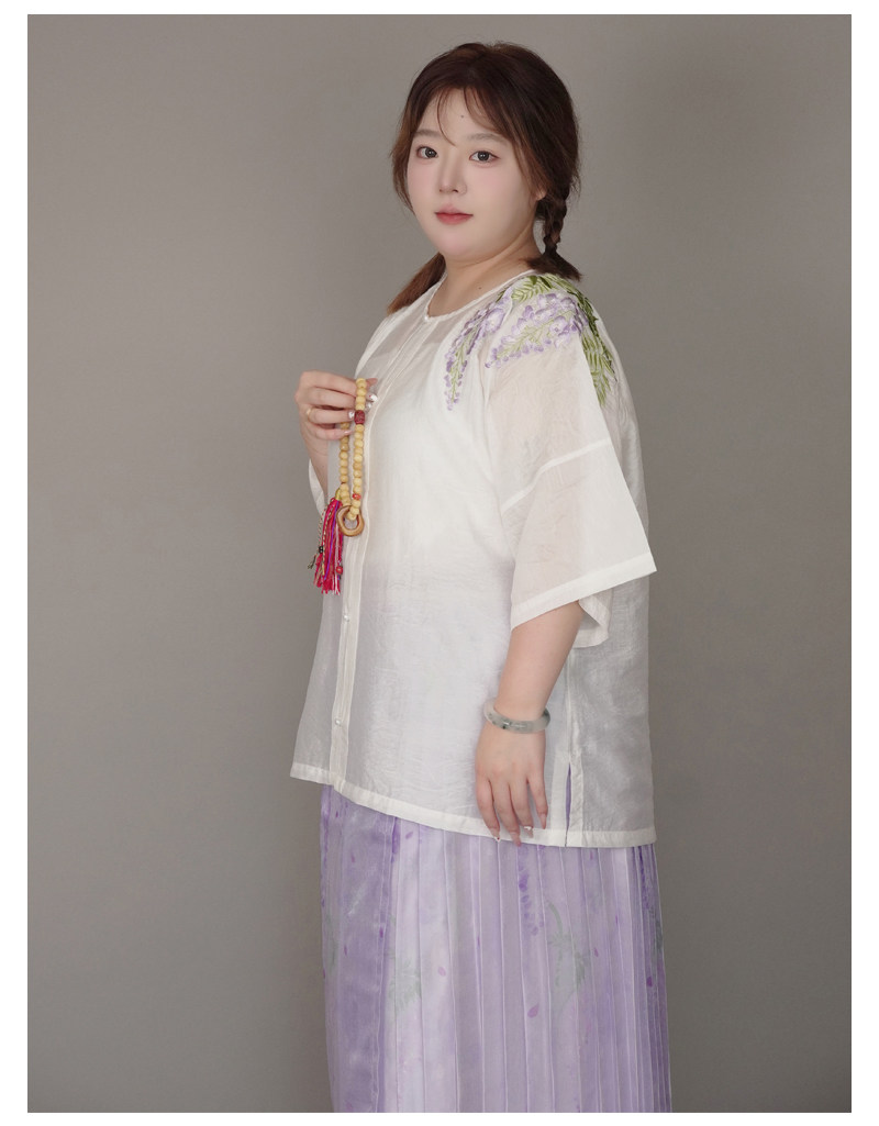 Китайцы одежда наборы 随淇自然【紫藤】大码汉服女春夏明制绣花天丝提花圆领半袖对襟衫