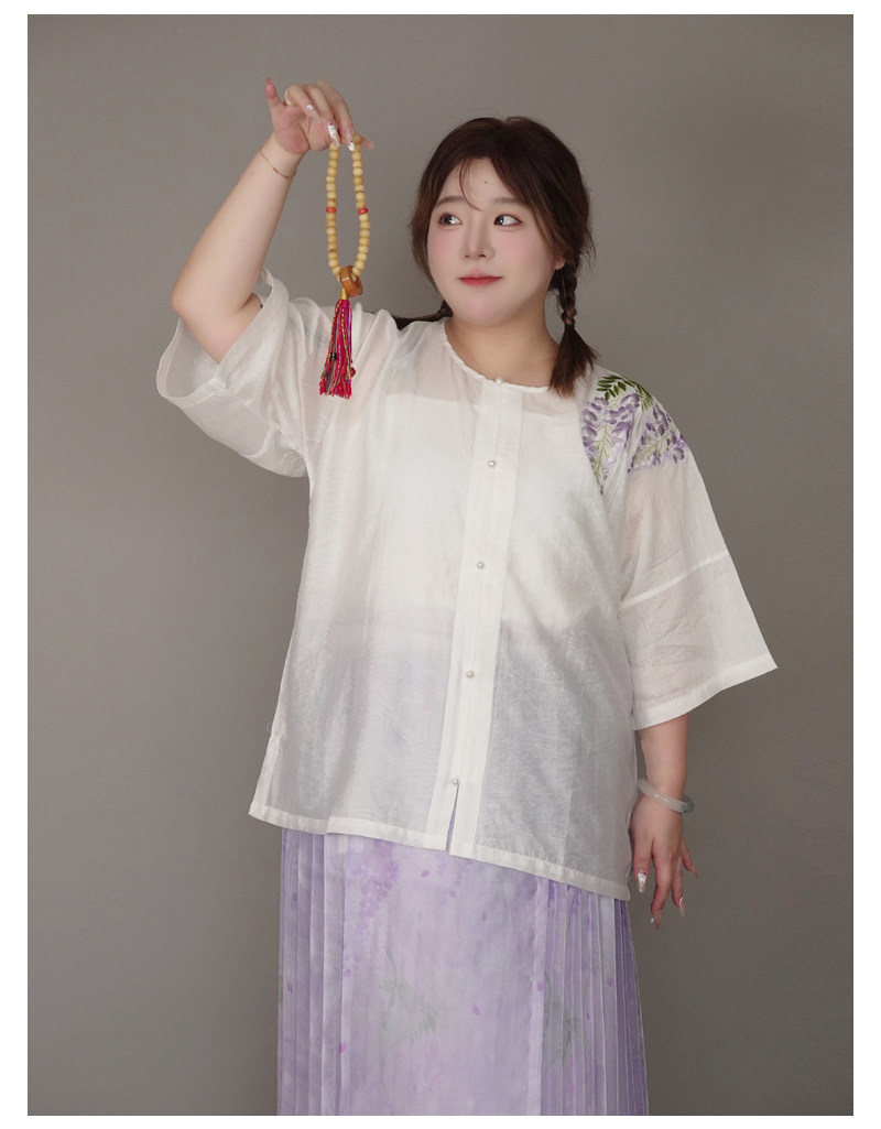 Китайцы одежда наборы 随淇自然【紫藤】大码汉服女春夏明制绣花天丝提花圆领半袖对襟衫