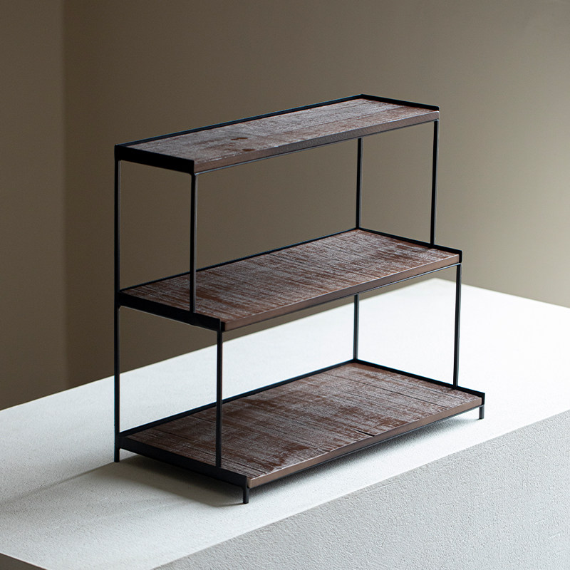 Grass and Wood Temple Iron Art Solid Wood Three-Level Trapezoidal Tea Shed Tea Set Teapot Storage Display Cabinet Cup Holder Tea Set Holder Tea Set Holder