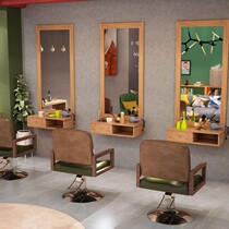  Solid wood retro barber shop mirror Hair salon mirror table Wall-mounted mirror table cabinet Simple floor-to-ceiling mirror Hair salon mirror