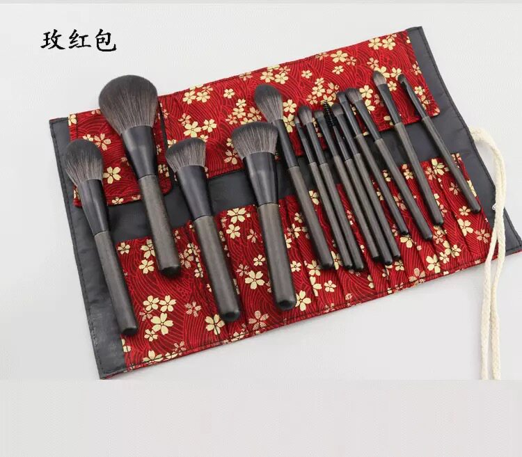 12-hole cosmetic brush bag folding portable makeup brush tool bag storage bag professional multi-functional rose red brush bag