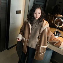 City of Beauty Girls Fur One-piece Mid-Length Coat Jacket 2023 Winter New Childrens Clothing Western Style Middle-aged Children