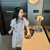 Girls dress in dress with dress Summer new childrens Korean version of small fresh and embroidered cotton lining for primary school children