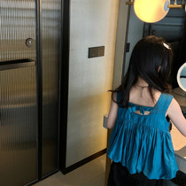 Girl Foreign Air Sleeveless Shirt Summer New Back Butterfly Knot Doll Han Blue Temperament Little Sweet Beauty
