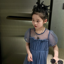 Girl Princess Dress Lace Blue Yarn Blue Yarn Dress Oversized Large Child Reworked White Dress 2022 Summer New