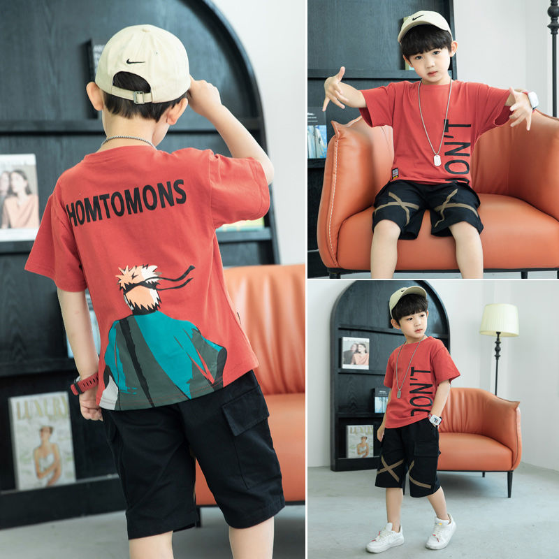 Children's clothing boy suit 2021 new fashion children's men's summer short-sleeved t-shirt shorts large boy boys two-piece set