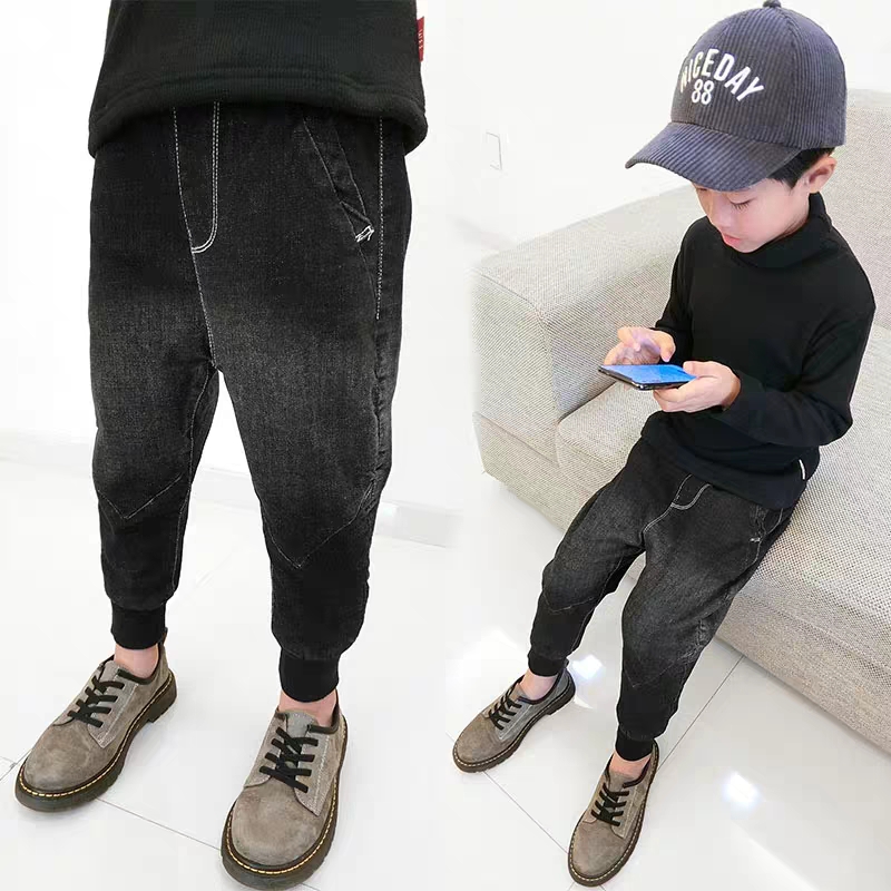 Boys jeans new foreign style autumn and winter plus velvet children's pants large children's casual slim trousers tide children's clothing