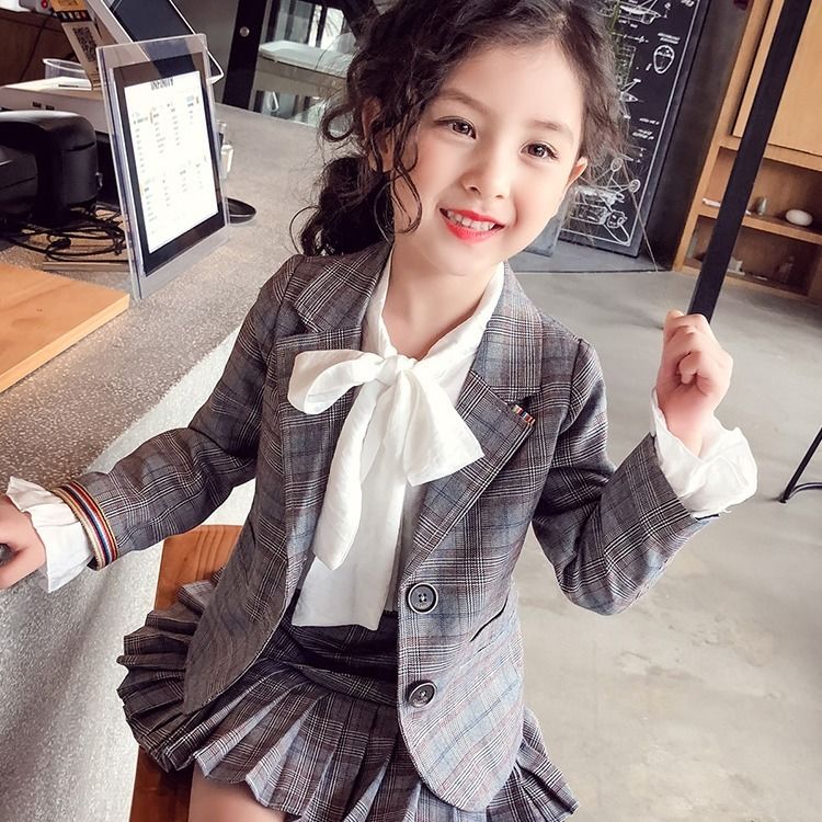 Girls suit suit 2021 spring new girl super Ocean school plaid short skirt two-piece children's fashion suit