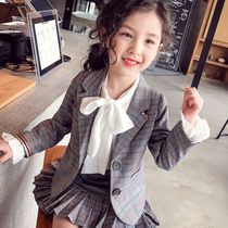 Girls Suit 2021 Spring New Girl Super Air Plaid Short Dress Two Piece Children Fashion Set