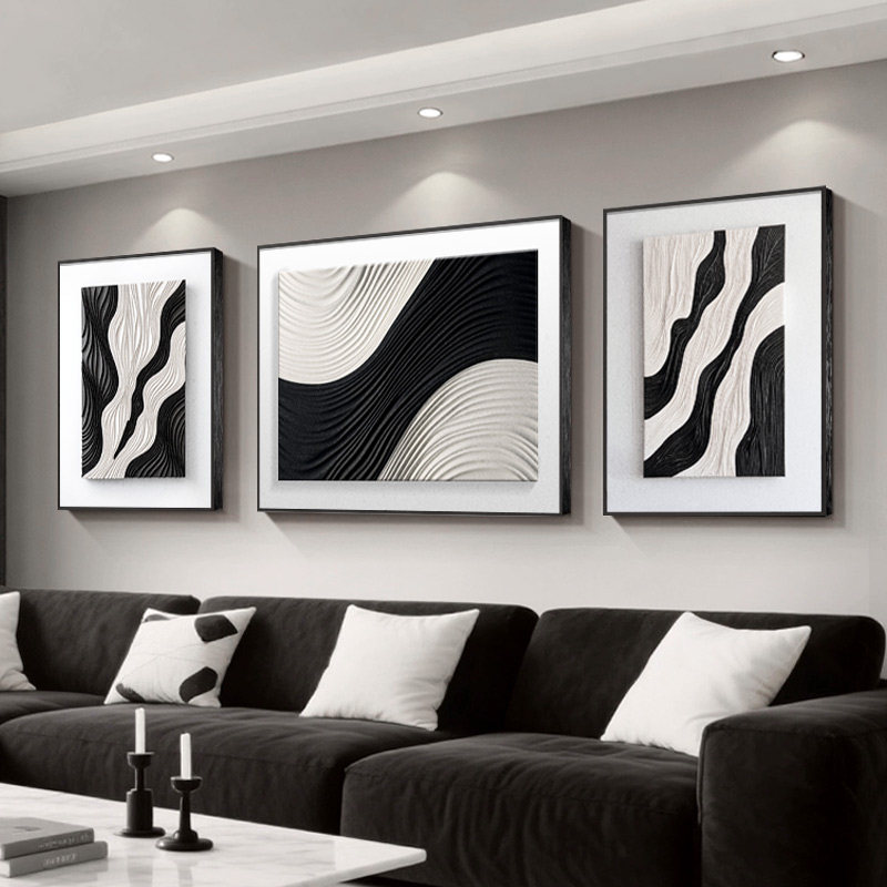 黑白灰高级感客厅装饰画现代简约沙发背景墙挂画抽象极简三联壁画