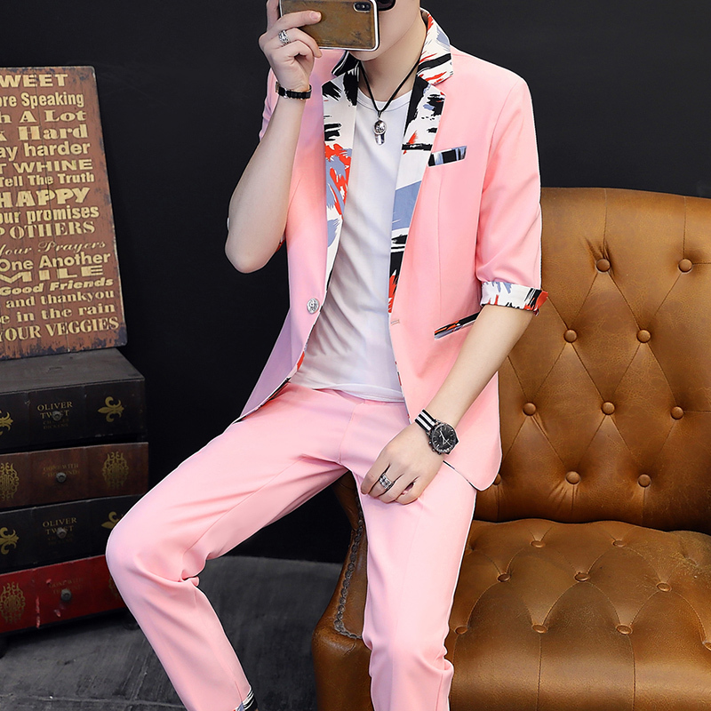 Pink Three-Quarter Sleeve Suit Set for Men, Stylish Jacket, Three-Quarter Sleeve Suit, Korean Style Slim Fit Cropped Pants Two-Piece Set, Trendy Pink Three-Quarter Sleeve Suit Set for Men, Stylish Jacket, Three-Quarter Sleeve Suit, Korean Style Slim Fit Cropped Pants Two-Piece Set, Trendy