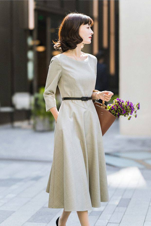 Đầm dài tay cổ tròn dáng chữ A tay bảy tấc phong cách thanh lịch — Màu xanh đậm, Màu xám nhạt chi tiết 12