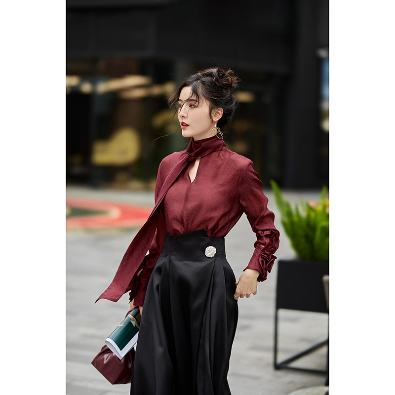 Special Offer, No Returns or Exchanges: Ancora Burgundy Shirt with Three-Dimensional Rose Flower Sleeves and Ribbon