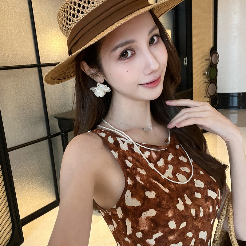 Retro Caramel Color Polka Dot Leopard Print Silk Mulberry Silk Printed Sleeveless 360-Degree Flared Dress Long Skirt