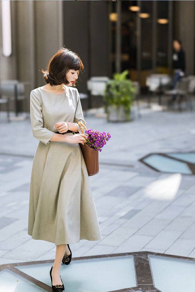 Đầm dài tay cổ tròn dáng chữ A tay bảy tấc phong cách thanh lịch — Màu xanh đậm, Màu xám nhạt chi tiết 8