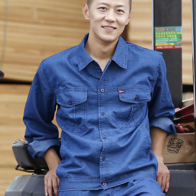 Летний джинсовый комбинезон костюм мужской с длинными рукавами и короткими рукавами из тонкого хлопка износостойкий дышащий мастерская по ремонту машин страхование труда заводское обслуживание