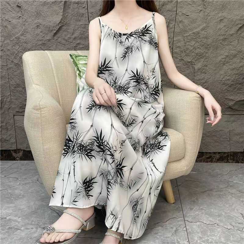 【Ink Bamboo Rhythm】Bamboo Leaf Floral Fashionable French Loose Elegant Strap Dress for Women, Spring/Summer Long Dress