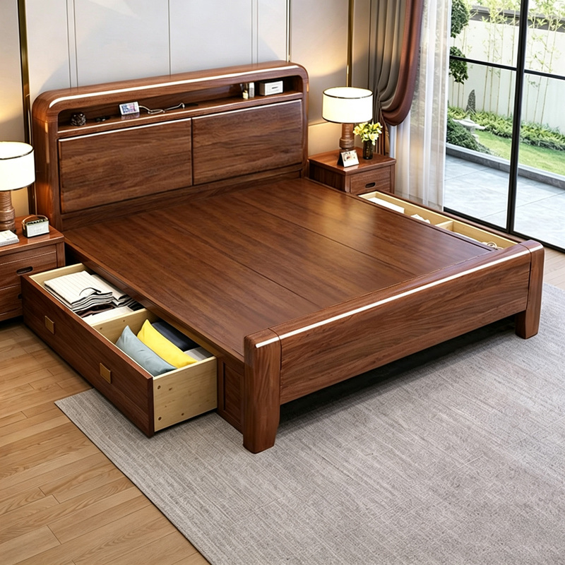 Walnut-Colored Solid Wood Bed 2026 New Model Bed 1.8m Double Bed with Hard Backrest, Modern Simple Thickened Bedroom Bed 1.5m Walnut-Colored Solid Wood Bed 2026 New Model Bed 1.8m Double Bed with Hard Backrest, Modern Simple Thickened Bedroom Bed 1.5m