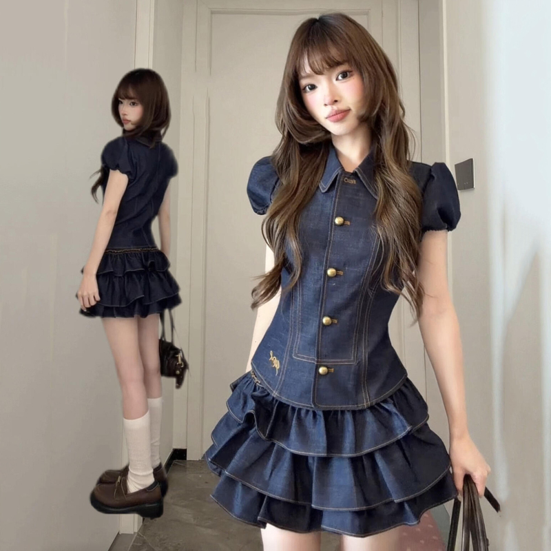 Summer College Style, Very Pretty, Thin Denim Shirt and Cake Skirt Set for Women, Perfect Outfit for Petite Women in Summer Summer College Style, Very Pretty, Thin Denim Shirt and Cake Skirt Set for Women, Perfect Outfit for Petite Women in Summer