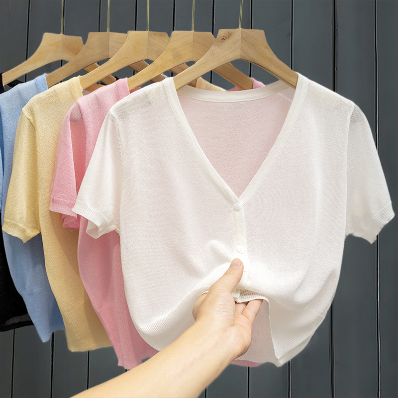 2026 New Short-Sleeved Ice Silk Short Air-Conditioning Cardigan Sun Protection Knitted Shawl Summer Thin Coat Top 2026 New Short-Sleeved Ice Silk Short Air-Conditioning Cardigan Sun Protection Knitted Shawl Summer Thin Coat Top