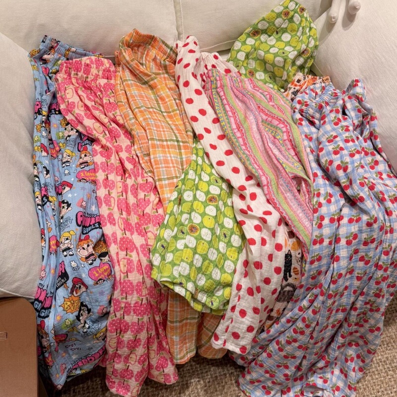 Baby Gauze 100% Cotton Double-Layer Crinkled Gauze Wave Pants for Girls, Summer Loose and Comfortable Home Wear, Walking and Sleeping Pants