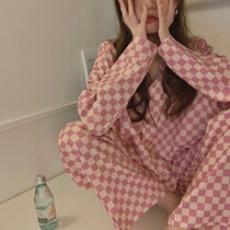 Korean pink checkerboard~sweet foreign style age-reducing loose shirt casual trousers home pajamas suit women