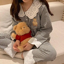 2021 autumn pajamas female Japanese plaid net red girl long-sleeved trousers cute girl lace home service suit