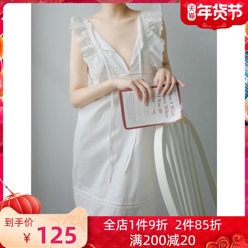 MIEUX ET ZOE summer vintage summer cotton sexy lace V-collar girl nightgown sleeveless loose white princess