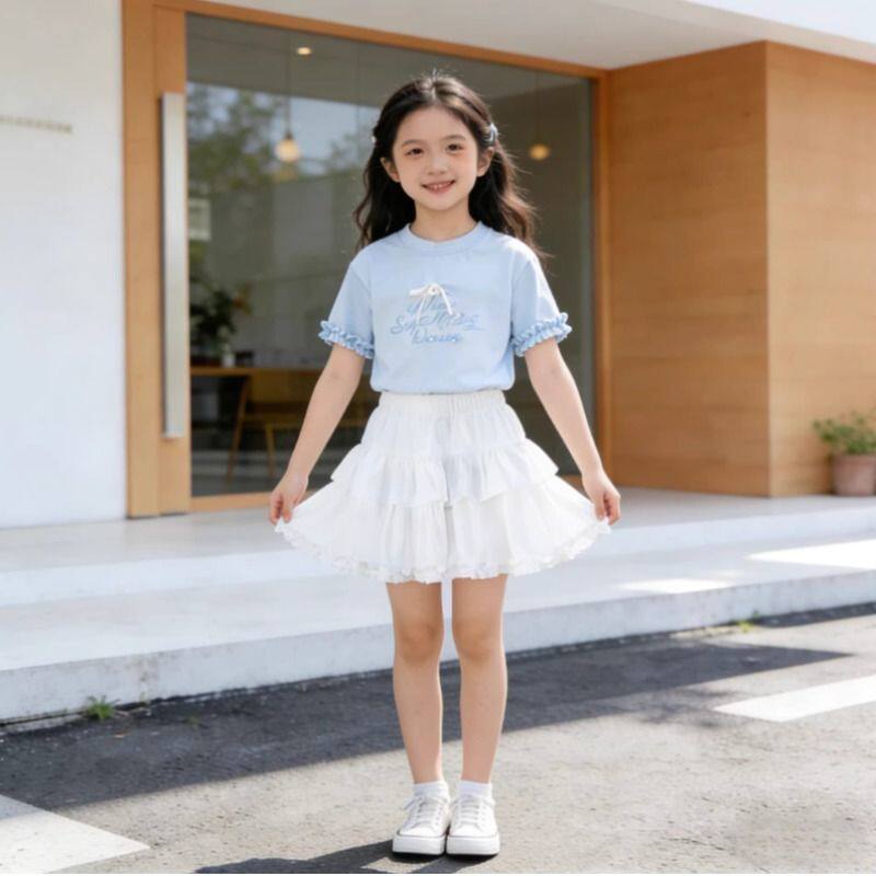 2026 new summer Korean style girls pure cotton short-sleeved T-shirt set baby tops and pants and skirts two-piece set thin section