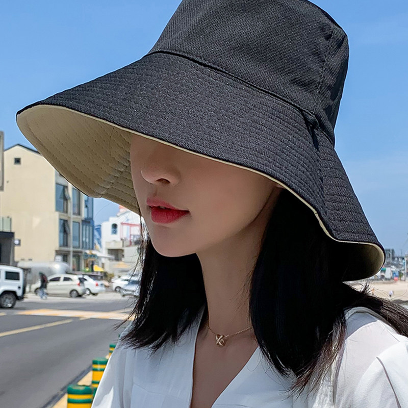 Black + Rice (Double-sided)summer Fisherman hat female veil Korean version Sunscreen ultraviolet rays sunshade Hat Big edge tide Versatile solar system ma'am fashion