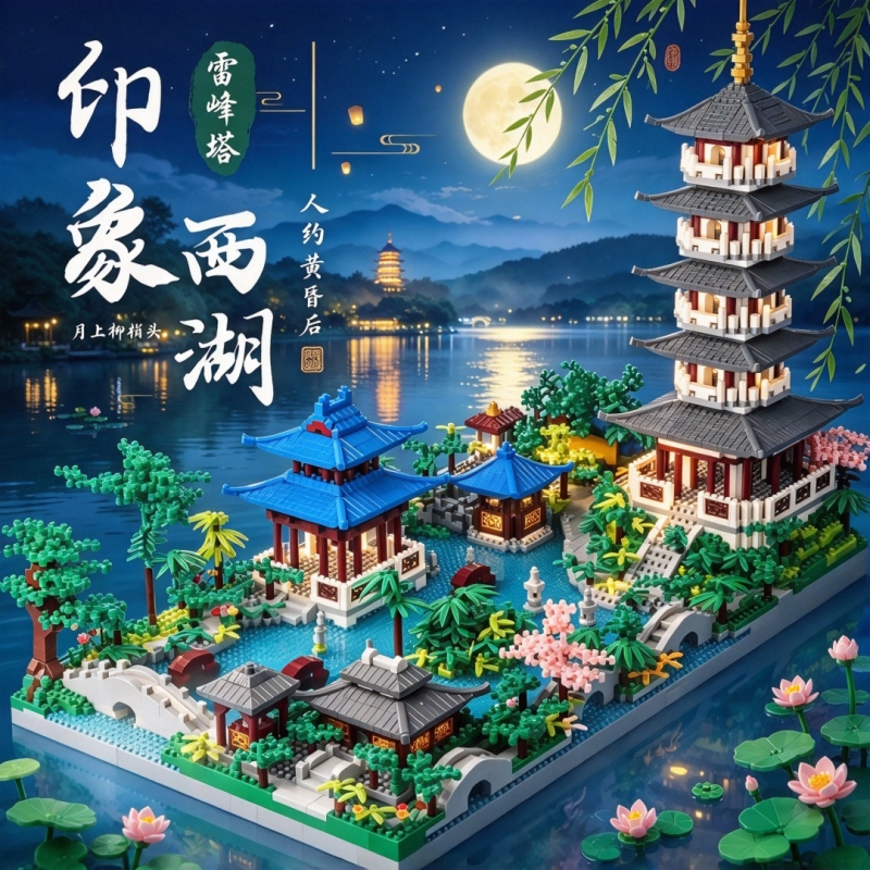 Hangzhou West Lake Building Blocks Adult High-Difficulty Large-Scale Classical Architecture Assembly Toy Series Ornaments Boys' Gifts