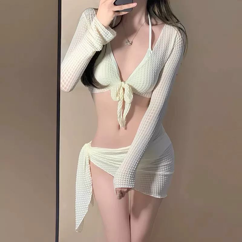 White split swimwear, set, top with cups, 4 piece set