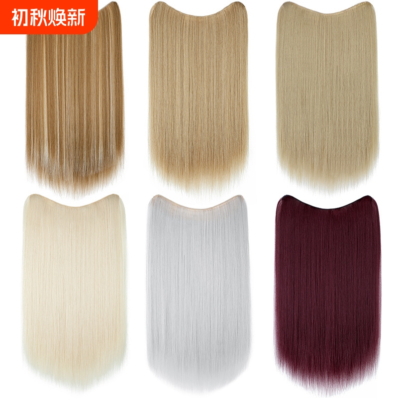 Long Straight Hair Wig for Women, V-Shaped Hair Extension Piece, One-Piece Clip-In Hair, Fluffy Natural Synthetic Fiber, High-Temperature Silk U-Shaped Hair Extension Piece