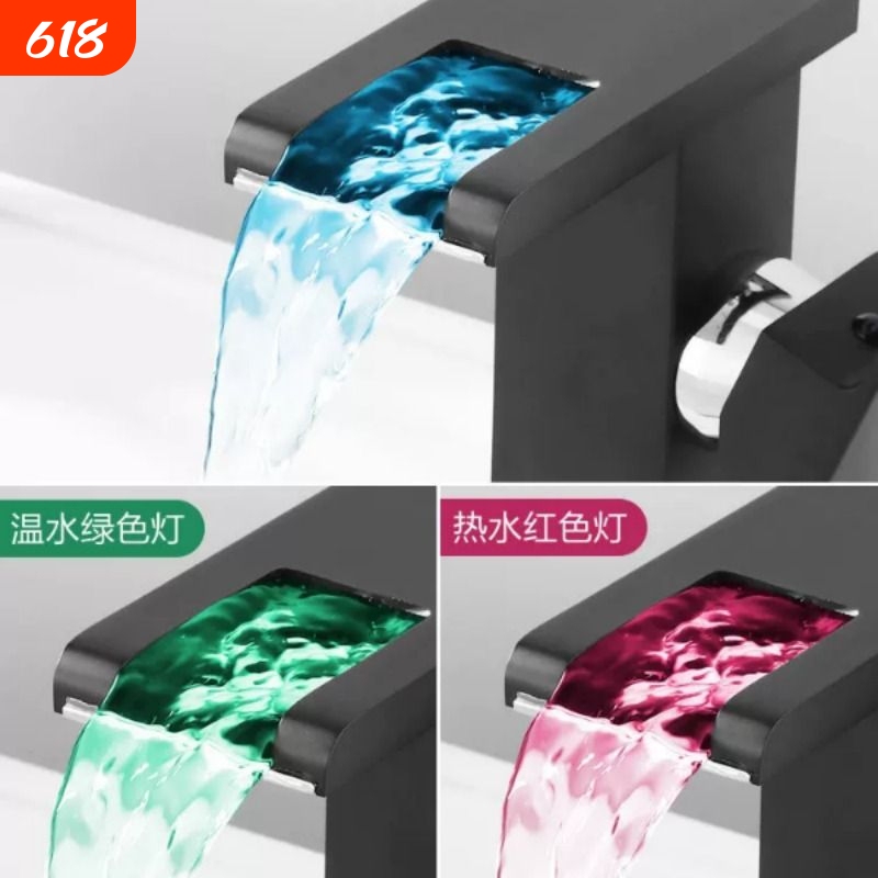 Basin Faucet with Waterfall Feature, Color-Changing Led, for Bathroom, Above and Below Counter Basin, Hot and Cold Water Faucet