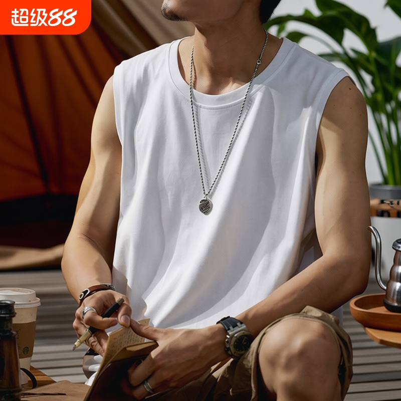 American-Style Heavyweight Pure Cotton Vest for Men, Summer Sleeveless T-Shirt for Outdoor Wear, Fitness Sports Tank Top, Ribbed, White and Black