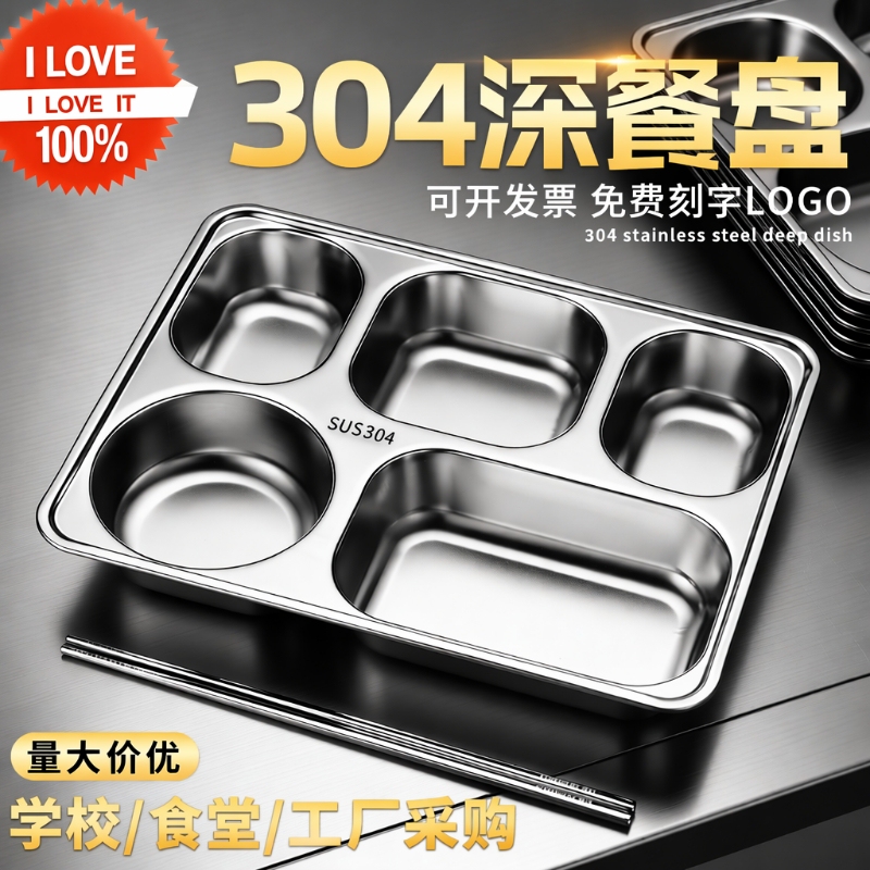 304 Stainless Steel Divided Plate, Four-Compartment Thickened Lunch Box for Adults, Student Lunch Box, Food-Grade Five-Compartment with Engraving 304 Stainless Steel Divided Plate, Four-Compartment Thickened Lunch Box for Adults, Student Lunch Box, Food-Grade Five-Compartment with Engraving