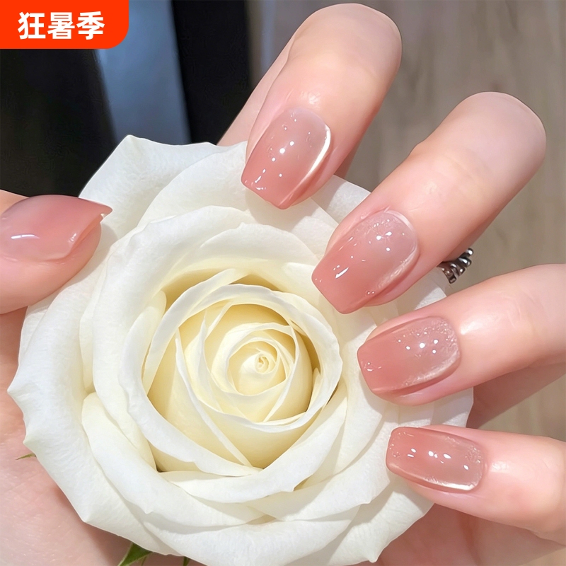 Wearable Nails with a Pure and Alluring Cat-Eye Effect, Semi-Handmade Short Nail Patches in Nude Silk, French Style, Red and Blue Polka Dots