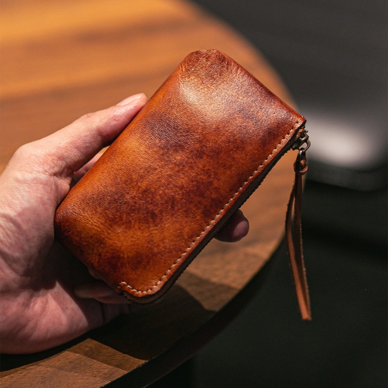 Vintage Distressed Genuine Leather Small Storage Pouch Unisex Vegetable-Tanned Cowhide Zipper Key Storage Coin Leather Bag Wallet