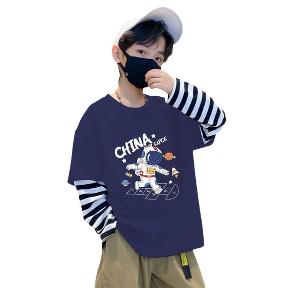
Children's clothing boys T-shirt long-sleeved fake two-piece spring pure cotton base shirt 2024 new children's boy trendy stripes